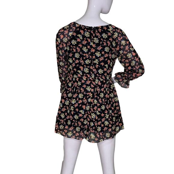 Free People Chiffon Baby Doll Dress Floral 3/4 Sleeve Size 0 Black and R… - Picture 6 of 14